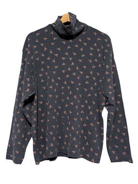 Eddie Bauer Skiing Turtleneck Top Womens XL Navy Blue Skier Print Cotton Shirt